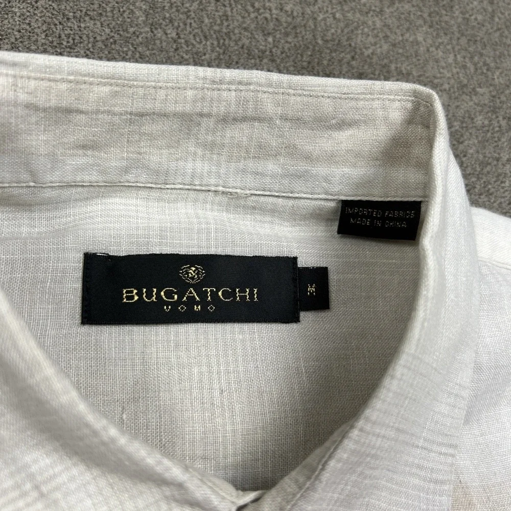 Bugatchi Uomo 100% Linen Shirt Mens M Beige Plaid Short Sleeve Button Up